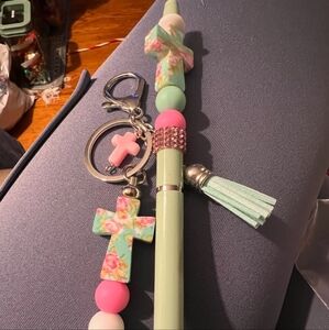 Floral Cross Keychain and Pen Set - Mint Green and Pink